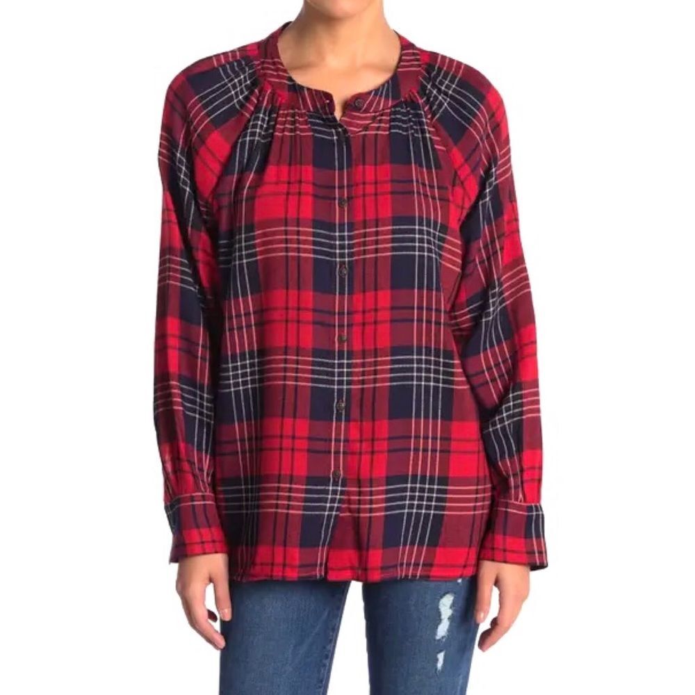 Susina NWT  Button Down Navy Joujoux Plaid Shirt M !